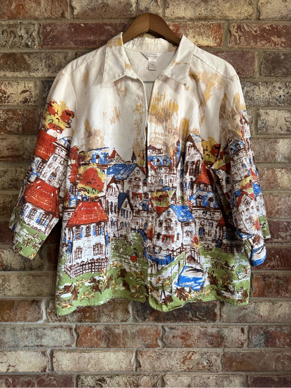 CJ Banks White Scenic Village Print Utility Jacket with Multicolor Accents